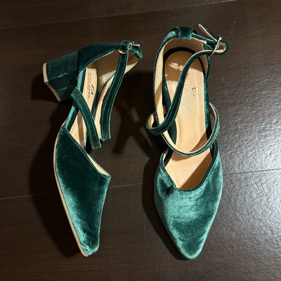 Elise Anais Velvet Emerald Green 1920’s Strappy Pump Handcrafted Size 6.5 - Picture 3 of 7